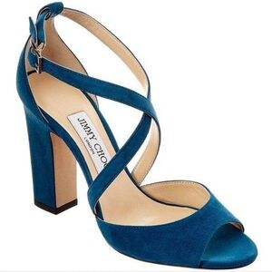 Jimmy Choo Teal Suede Crisscross Block Heel Sandal